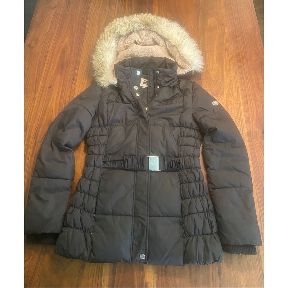 Laundry By Design Womens Black Faux Fur Hood Quilted Belted Puffer Jacket Medium